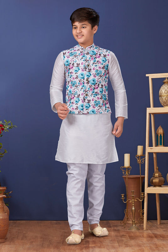 White Color Traditional Wear Dhupion Silk Fabric Readymade Boys Kurta Pyjama With Jacket