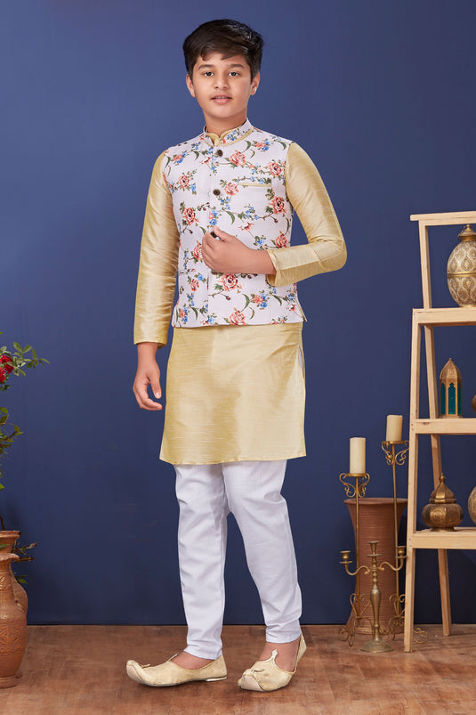 Occasion Wear Beige Color Dhupion Silk Trendy Readymade Boys Kurta Pyjama With Jacket