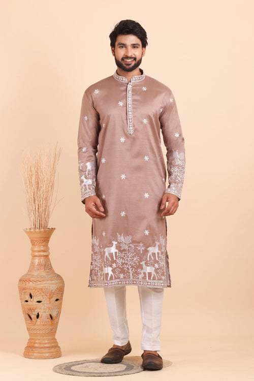 Men’s Light Brown Viscose Silk Readymade Kurta Pyjama
