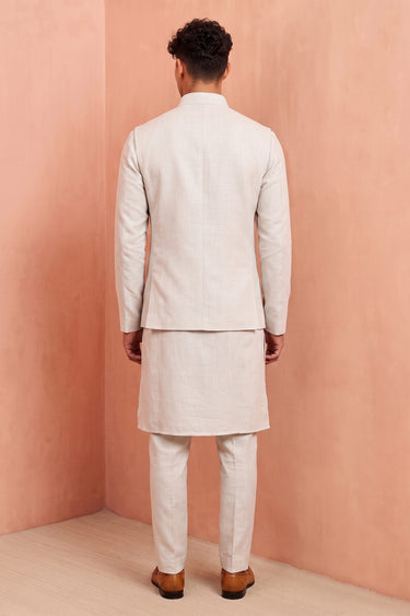 Premium Linen Off White Zardosi Work Men Kurta Pyjama With Fancy Jacket