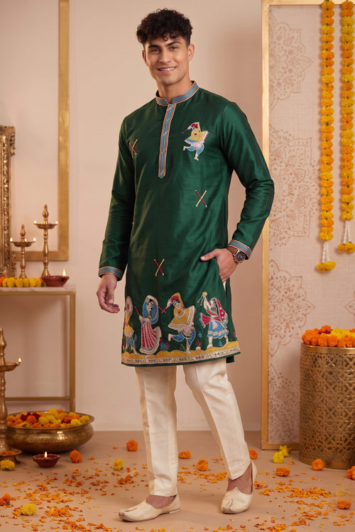 Traditional Dark Green Art Silk Embroidered Kurta Payjama For Men