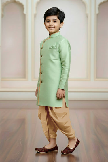 Sea Green Art Silk Wedding Wear Indo Western For Boys