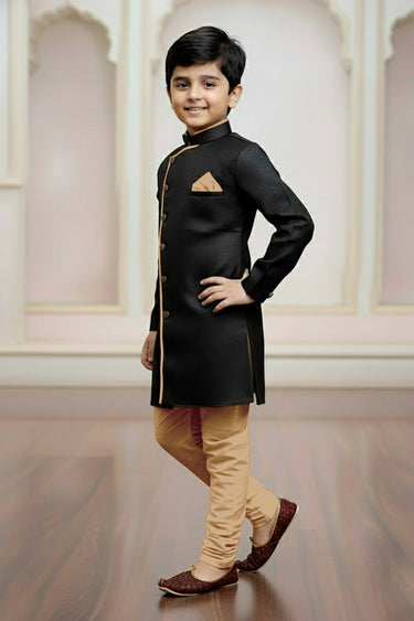Black Color Wedding Wear Art Silk Fabric Indo Western For Boys