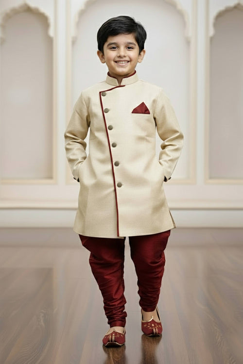 Beige Color Wedding Wear Art Silk Indo Western For Boys