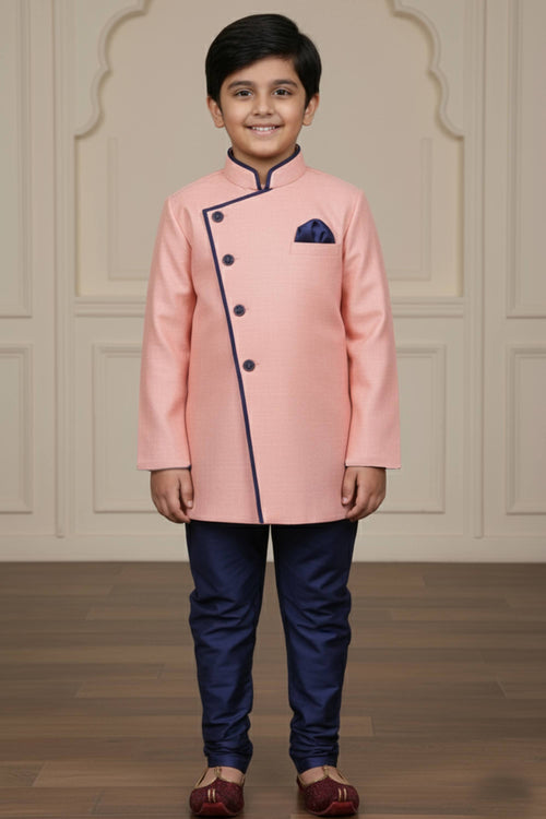 Pink Wedding Wear Art Silk Fabric Indo Western For Boys