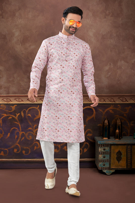 Jacquard Pink Kurta Pyjama For Men