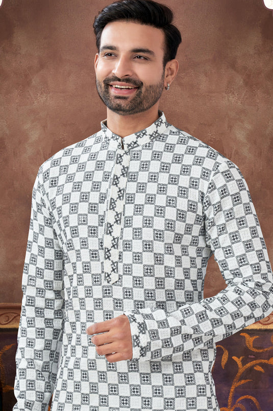 Dreams Off White Patterned Long Kurta Pyjama