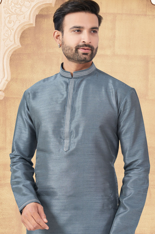 Grey Regal Long Kurta Pyjama Set For Men