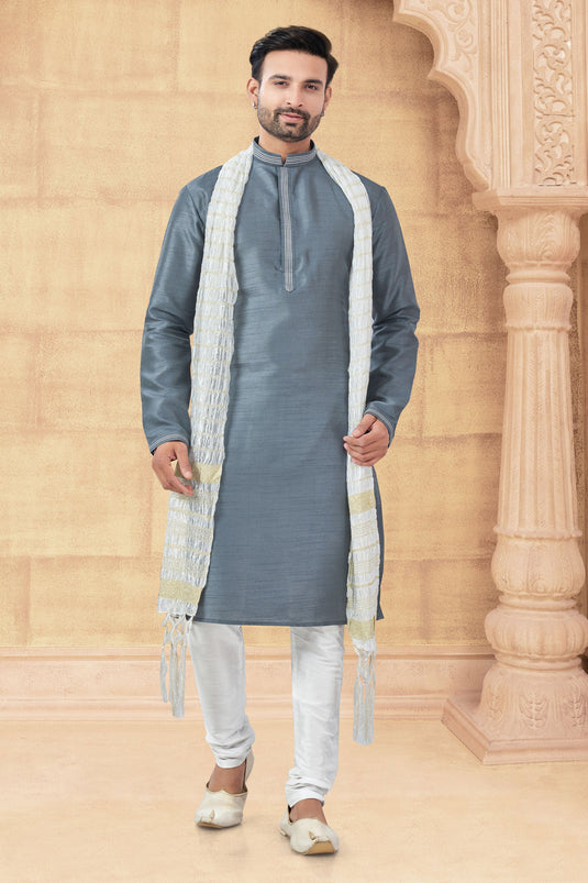 Grey Regal Long Kurta Pyjama Set For Men