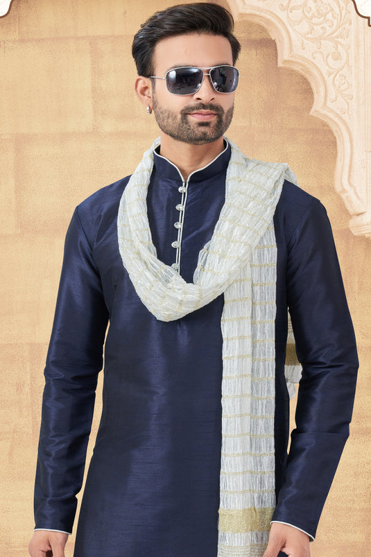 Luxe Art Silk Navy Blue Kurta Pyjama Set