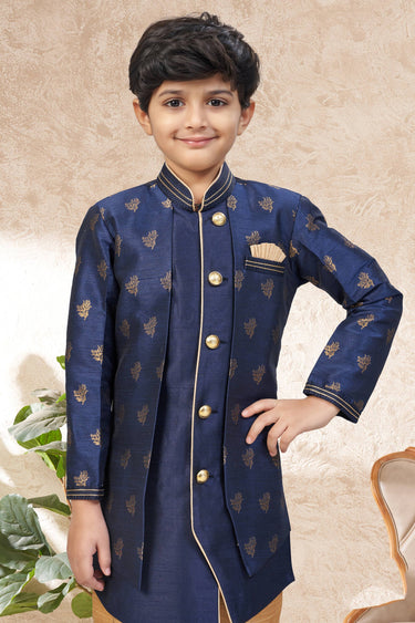 Jacquard Fabric Navy Blue Festive Wear Readymade Indo Western For Boys