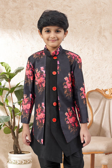 Black Festive Wear Art Silk Fabric Readymade Indo Western For Boys