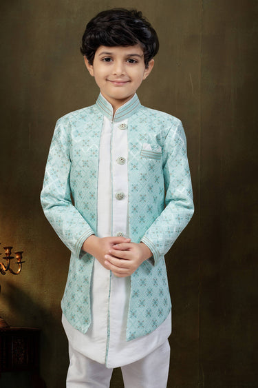 Jacquard Fabric Off White Festive Wear Readymade Indo Western For Boys
