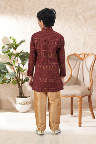 Art Silk Fabric Maroon Boys Readymade Indo Western For Festive Wear