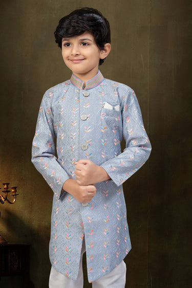 Grey Festive Wear Jacquard Fabric Readymade Indo Western For Boys