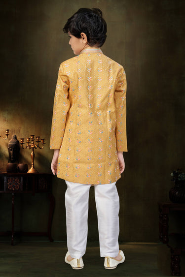 Jacquard Fabric Festive Wear Mustard Readymade Indo Western For Boys