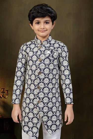 Art Silk Navy Blue Readymade Indo Western For Boys