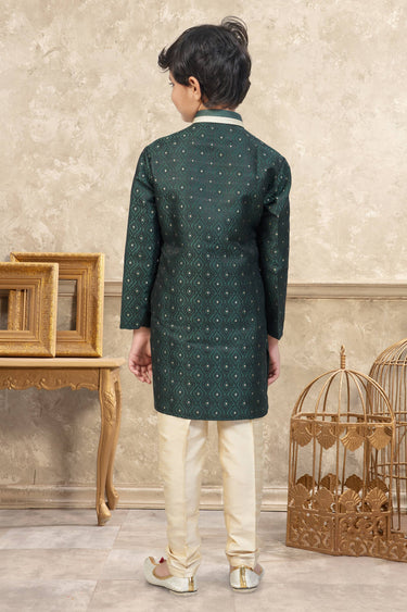 Jacquard Dark Green Boys Readymade Kurta Pyjama For Sangeet Wear