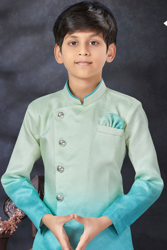 Light Cyan Color Art Silk Fabric Readymade Indo Western For Boys