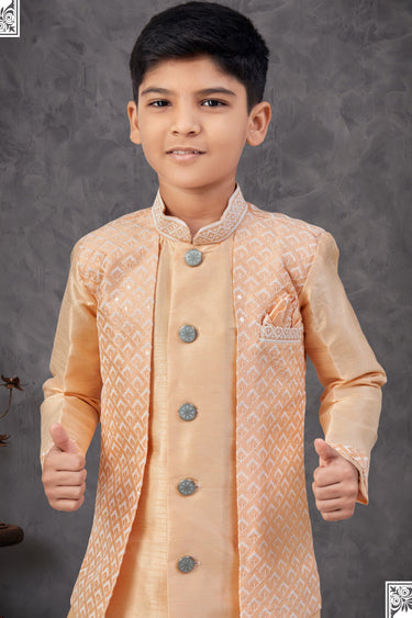 Peach Color Banarasi Silk Fabric Readymade Indo Western For Boys