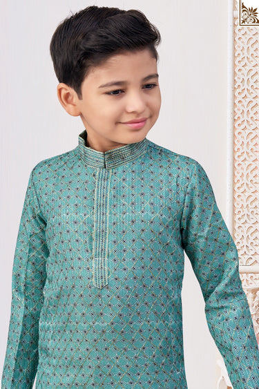 Sangeet Wear Cyan Color Readymade Kurta Pyjama For Boys