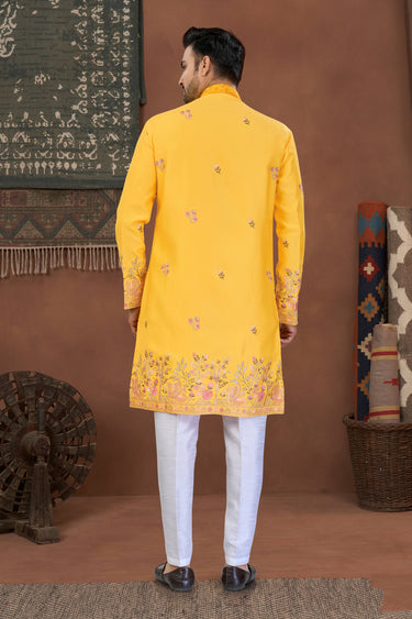 Yellow Wedding Wear Art Silk Fabric Readymade Indo Western For Men