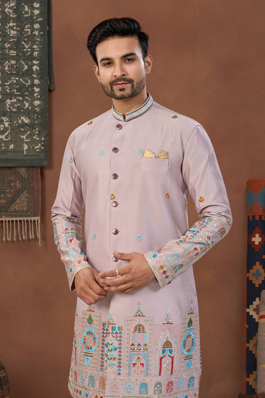 Art Silk Fabric Lavender Wedding Wear Readymade Indo Western For Men