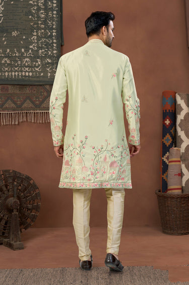 Art Silk Fabric Sea Green Wedding Wear Readymade Indo Western For Men