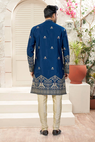 Art Silk Fabric Navy Blue Wedding Wear Readymade Indo Western For Men
