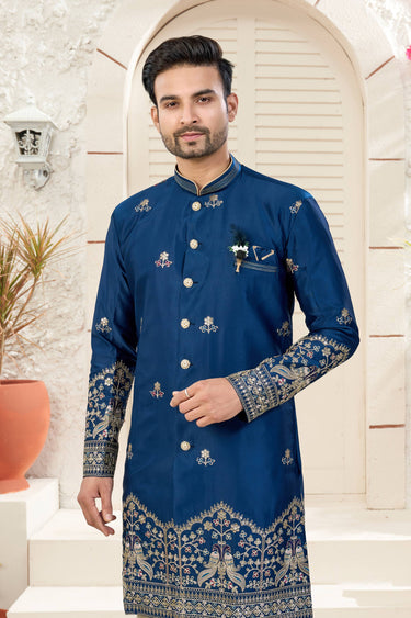 Art Silk Fabric Navy Blue Wedding Wear Readymade Indo Western For Men