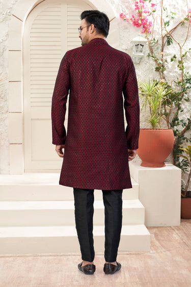 Jacquard Silk Fabric Black Wedding Wear Readymade Indo Western For Men