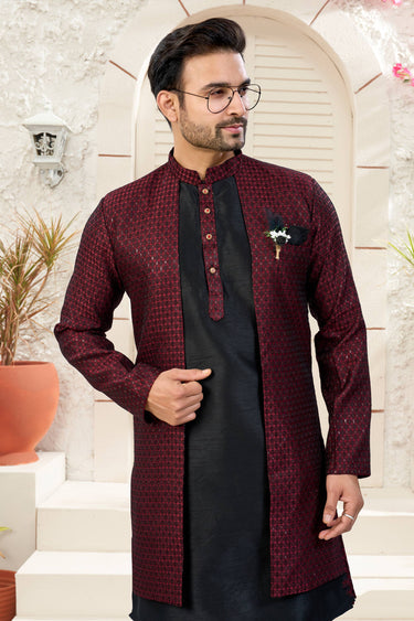 Jacquard Silk Fabric Black Wedding Wear Readymade Indo Western For Men