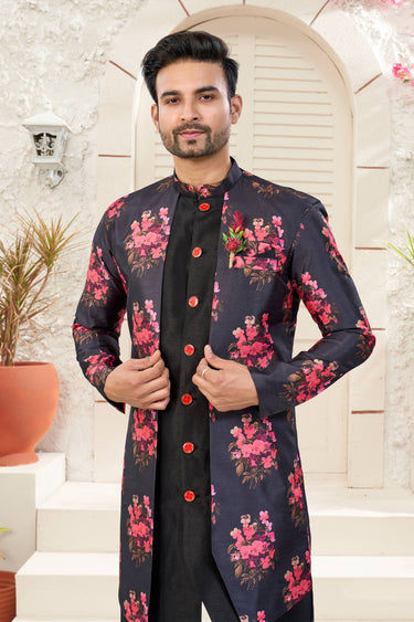 Black Wedding Wear Banarasi Silk Fabric Readymade Indo Western For Men