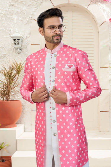 Banarasi Silk Fabric Off White Wedding Wear Readymade Indo Western For Men
