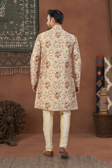 Banarasi Silk Fabric Peach Wedding Wear Readymade Indo Western For Men