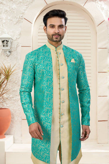 Banarasi Silk Fabric Beige Wedding Wear Readymade Indo Western For Men