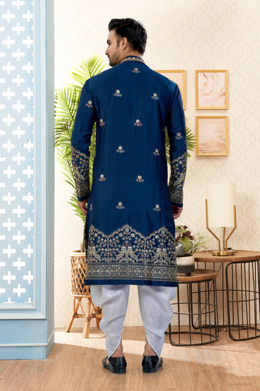 Art Silk Navy Blue Wedding Wear Readymade Kurta With Dhoti For Men