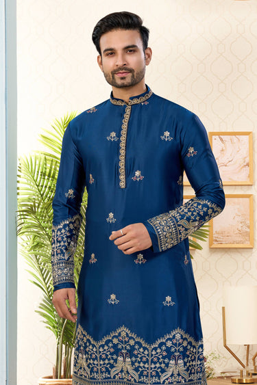Art Silk Navy Blue Wedding Wear Readymade Kurta With Dhoti For Men