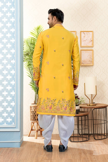 Art Silk Fabric Yellow Wedding Wear Readymade Kurta With Dhoti For Men