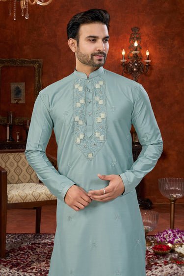 Art Silk Cyan Wedding Wear Readymade Kurta Pyjama For Men