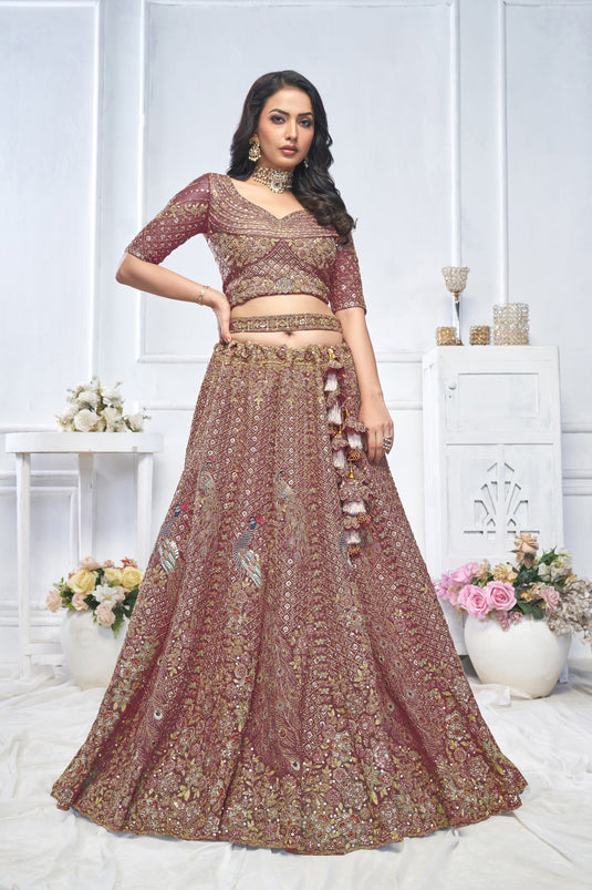 Alluring Net Dark Purple Wedding Lehenga Choli