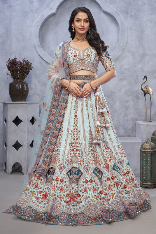 Enriching Organza Silk Sky Blue Wedding Lehenga Choli