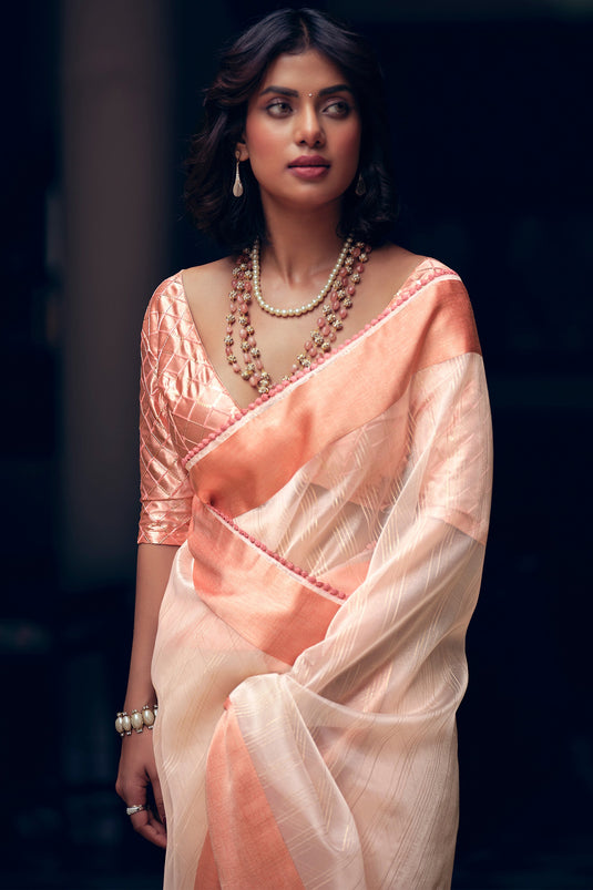 Exquisite Peach Color Organza Festive Wear Saree