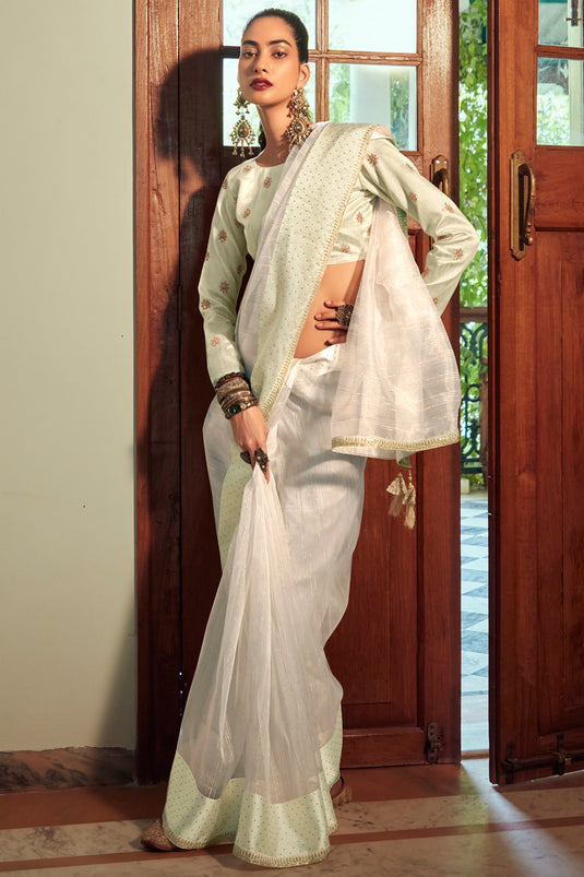 Elegant Off White Organza Saree For Festive Wear