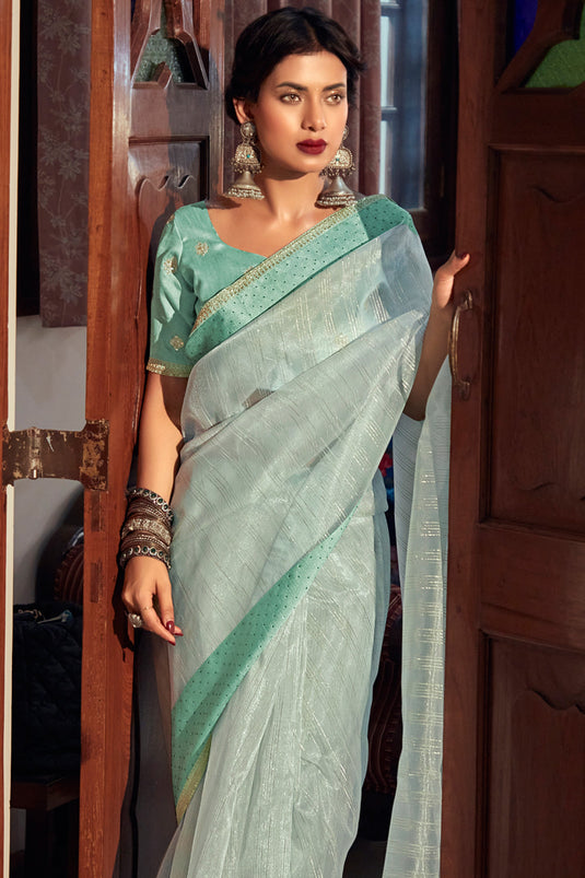 Radiant Sea Green Color Organza Fabric Saree