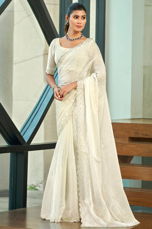 Sophisticated Cream Color Art Silk Saree