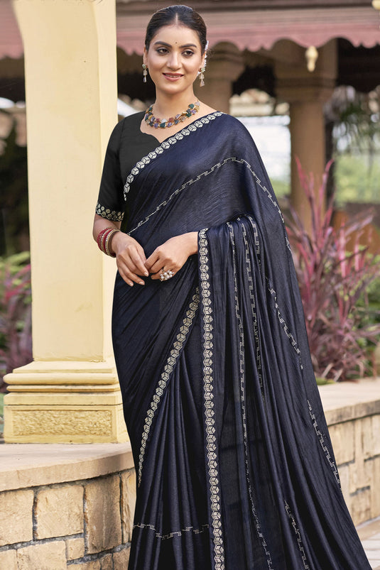 Radiant Navy Blue Color Chiffon Fabric Saree