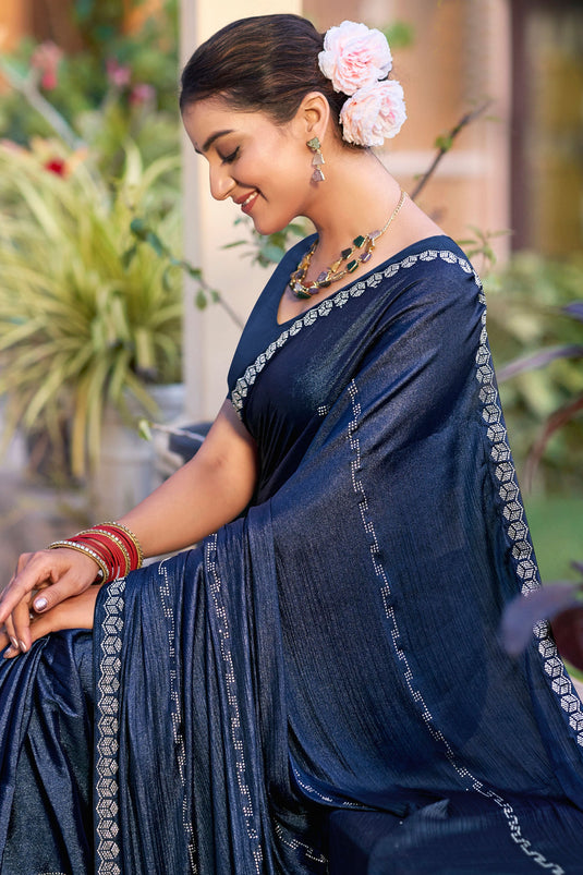 Graceful Navy Blue Chiffon Saree With Stylish Blouse