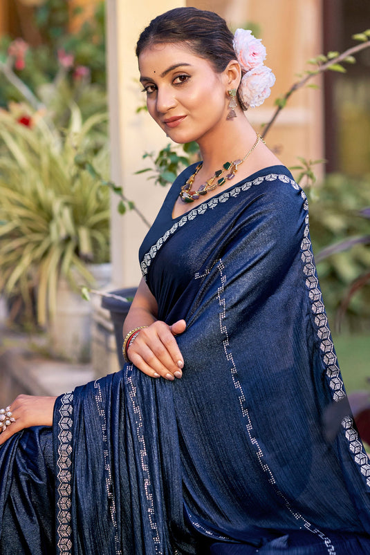 Graceful Navy Blue Chiffon Saree With Stylish Blouse