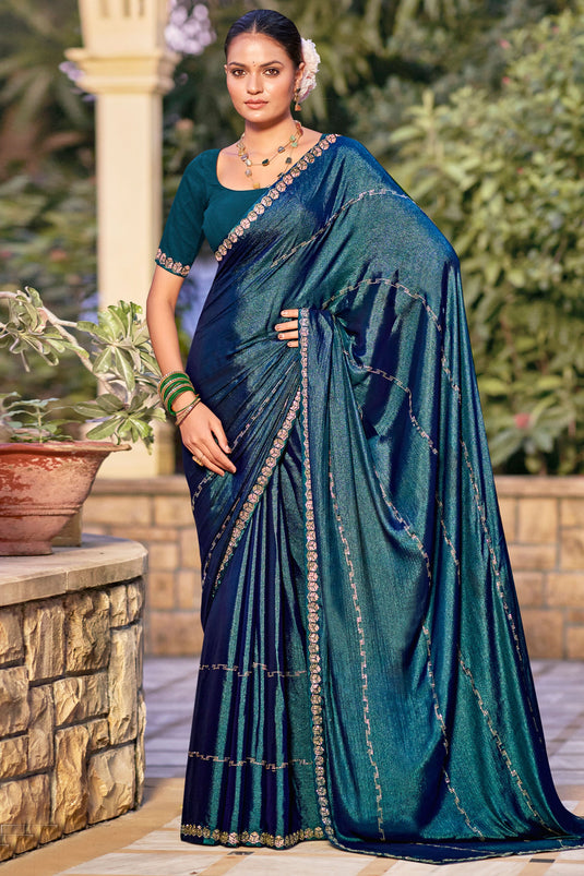 Lovely Teal Chiffon Traditional Festive Wear Saree